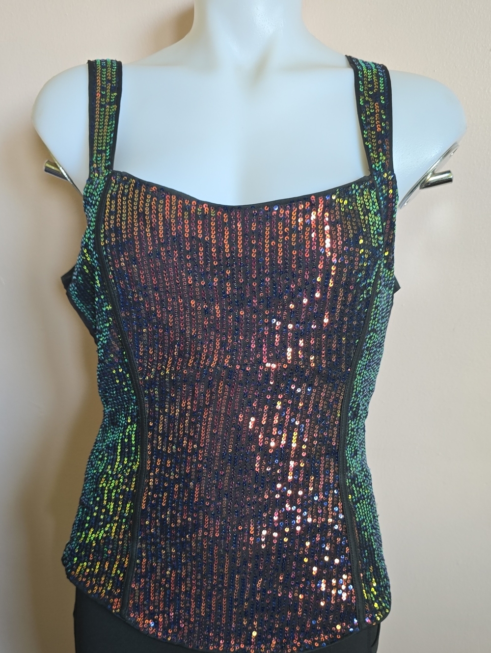 Grace Karin Black Iridescent Sequin Square-Neck Camisole